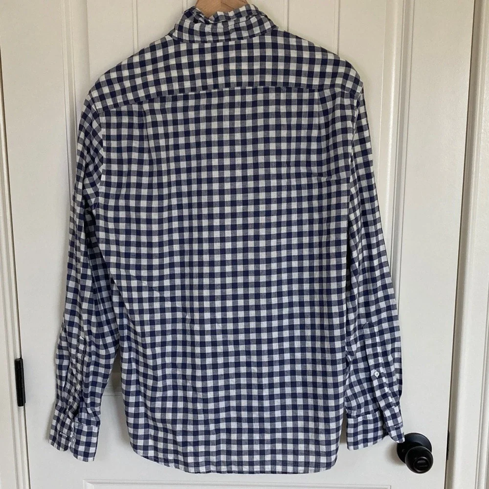 J. Crew Factory Men's Navy White Gingham Button-Down Shirt Size L Slim Linen Bld